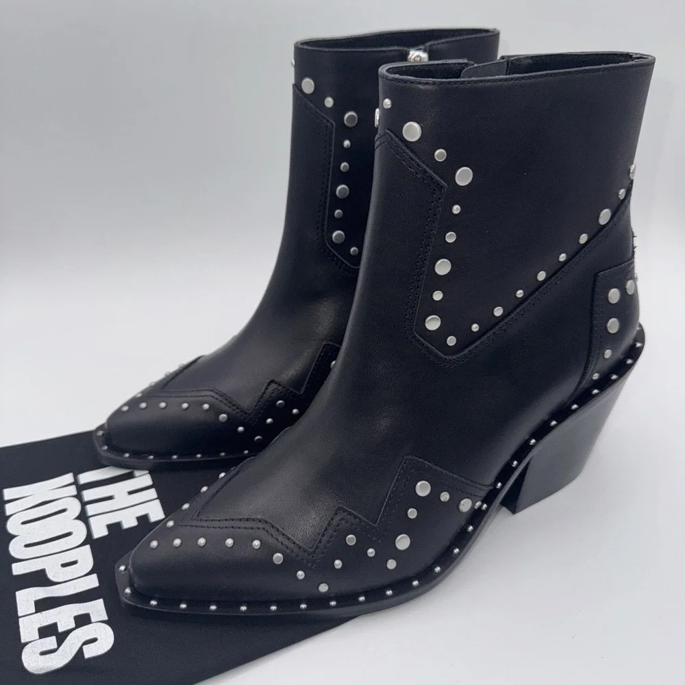 The Kooples Santiag Studded Boot Women's Size 7 EU 38 Black Leather Dustbag